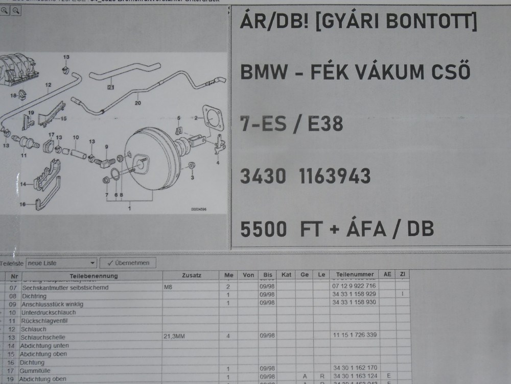 ÁR/DB! [GYÁRI BONTOTT] BMW - FÉK VÁKUM CSŐ - 7-ES / E38   - 3430 1163943 5. kép